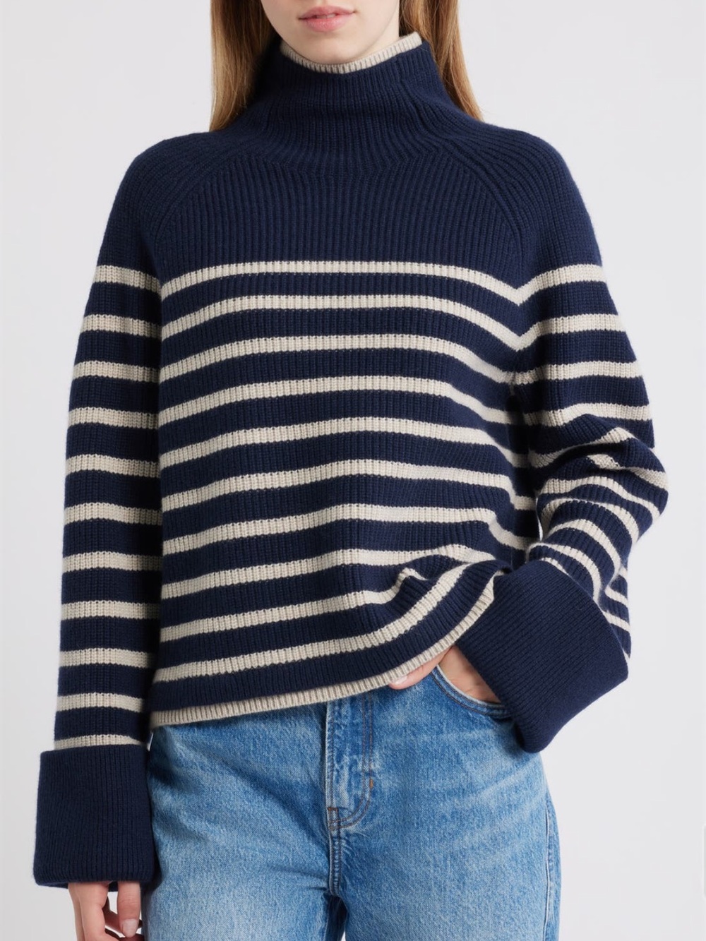 NWT Rag & Bone Stripe Wool Cuff Sleeve Funnel Neck Sweater in Navy 💙